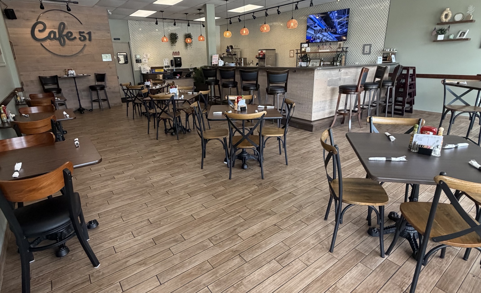 Warm, family-friendly dining room inside Cafe 51