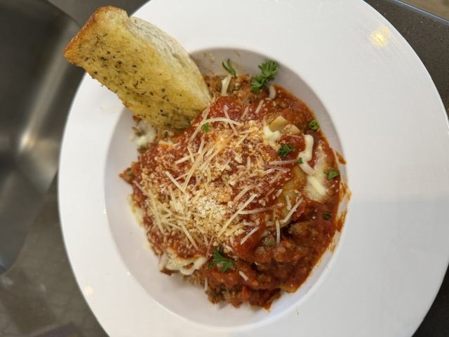 Cafe 51 Junkyard Lasagna served hot with melted cheese